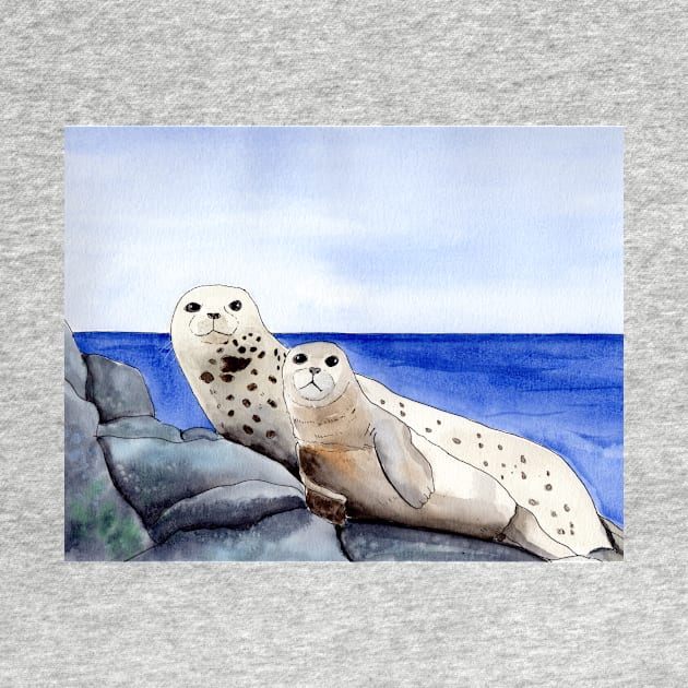 Seal Family Watercolor and Ink Illustration by Sandraartist